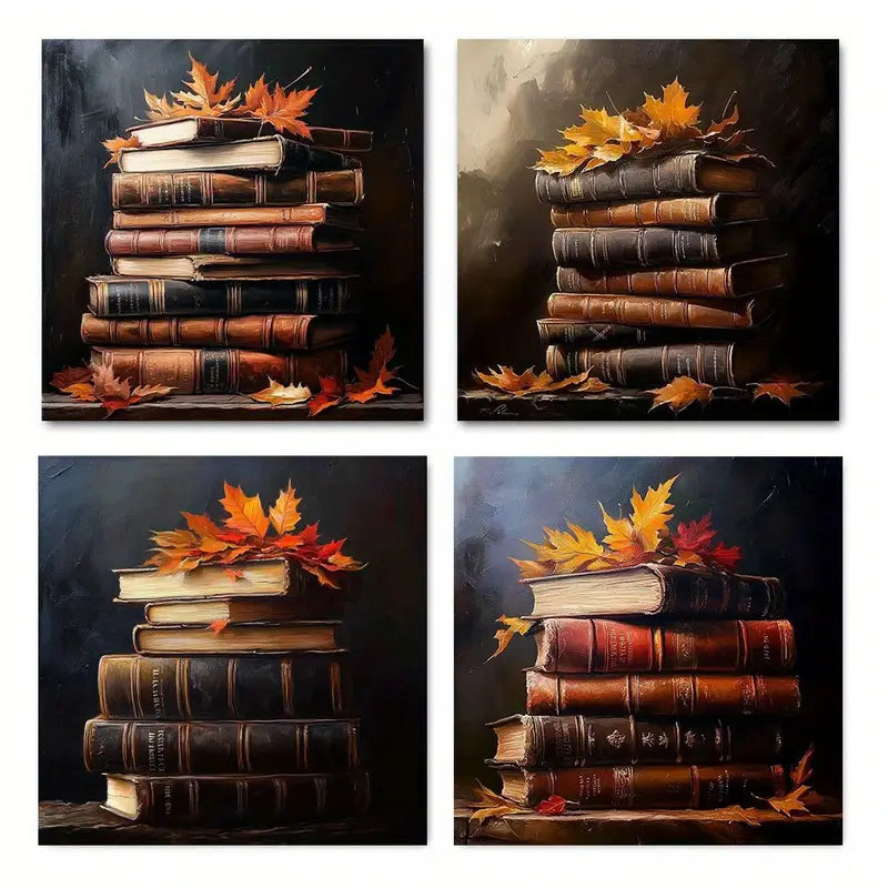 4pcs Autumn Book Elegant Modern Decorative ABD  Wall Art Canvas Framed