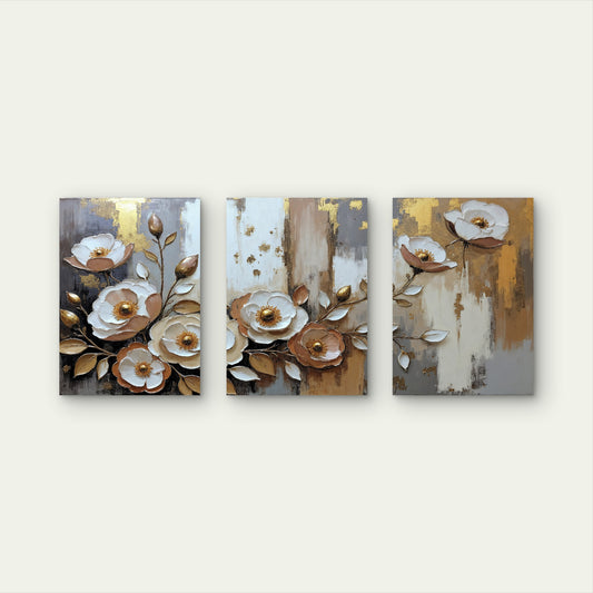 3pcs Luxury Gold Foil Cream Rose Floral Blossom Wall Art Set Canvas Framed 50x70cm - High Quality Print 100% Australian Made Wall Canvas Ready to Hang