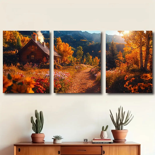 3pcs Autumn Mountain Cabin Trail Scene Wall Art Set Canvas Framed 60x90cm - High Quality Print 100% Australian Made Wall Canvas Ready to Hang