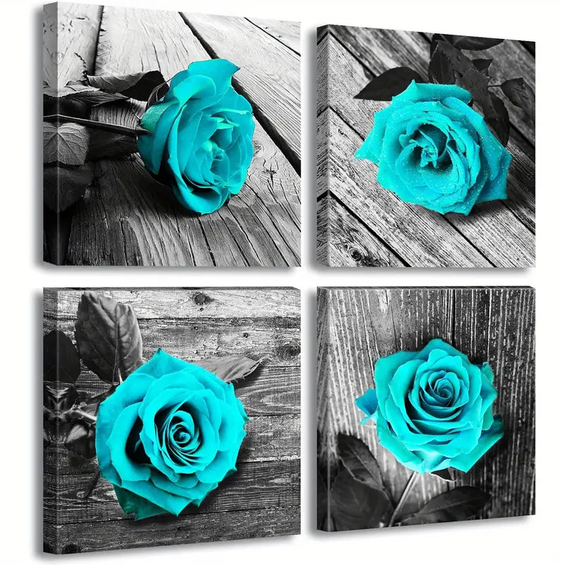 4pcs Blue  Decor Rose Flower Black and White  Wall Art Canvas Framed