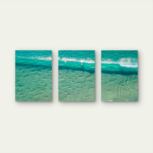 3pcs Surfers on Clear Turquoise Wave Metal Print Ready to Hang Art