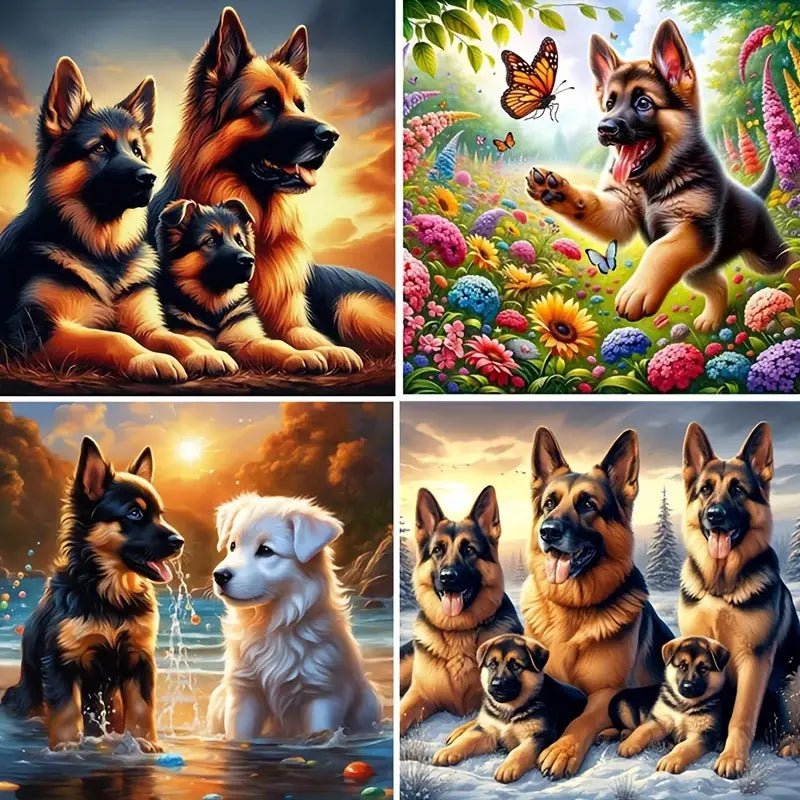 4pcs Dog Family With Puppy Animal Wall Art Canvas Framed