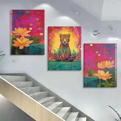 3pcs Majestic Leopard and Beautiful for Lotus Flowers Metal Print Ready to Hang Art