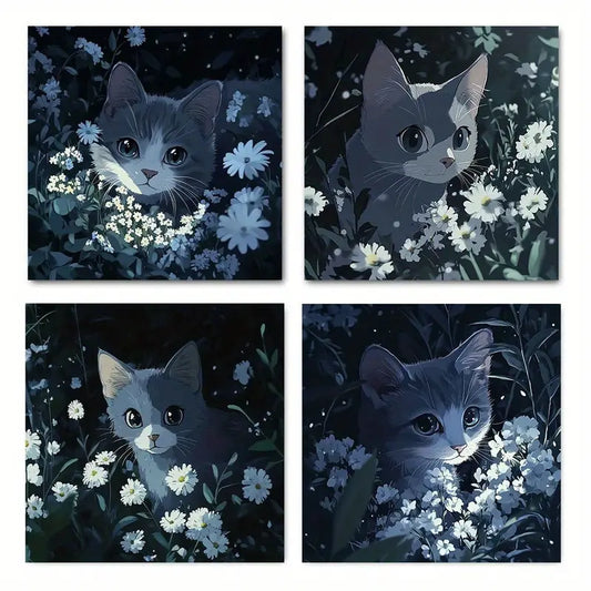 4pcs  Cute cat blue Art Deco Classic Retro TT   Wall Art Canvas Framed