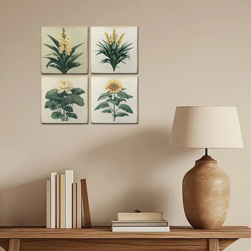 4pcs Green Leaves With Yellow Flowers Wall Art Canvas Framed