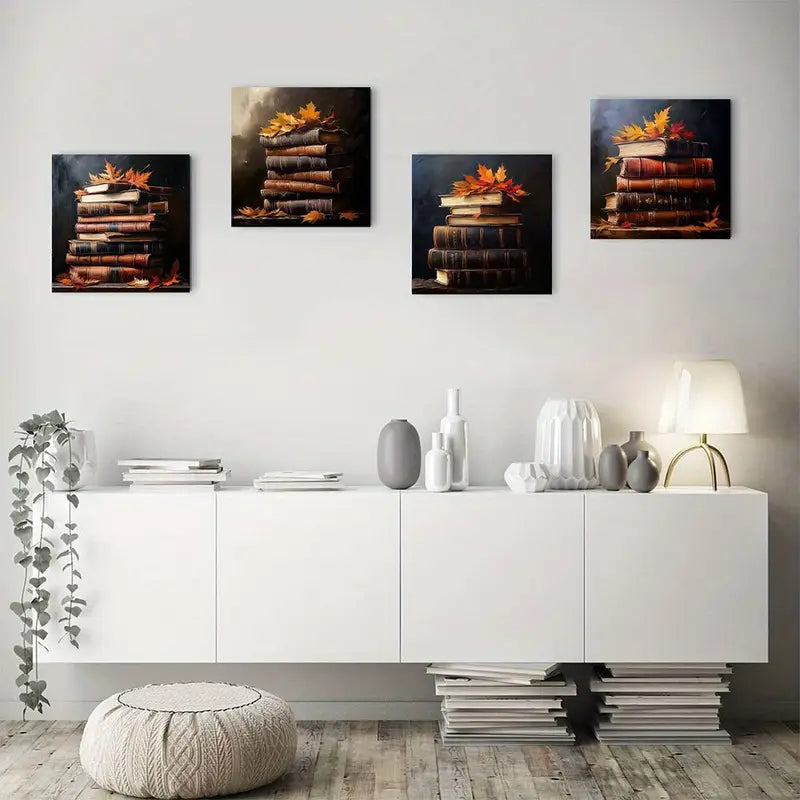 4pcs Autumn Book Elegant Modern Decorative ABD  Wall Art Canvas Framed