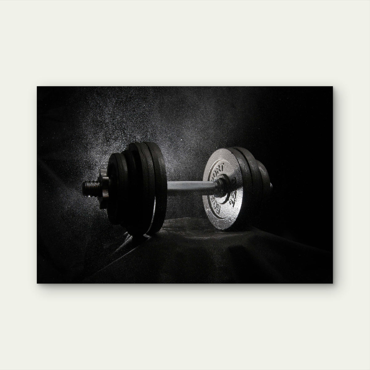 Black and White Dumbbell Weight Chalk Dust Splatter 5mm thick Plastic Poster Ready to Hang 90x60cm