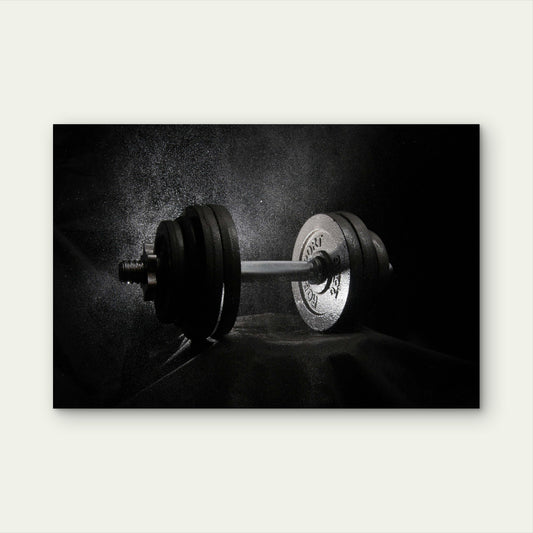Black and White Dumbbell Weight Chalk Dust Splatter 5mm thick Plastic Poster Ready to Hang 90x60cm
