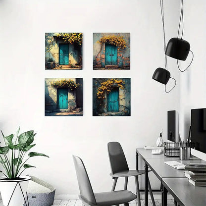 4pcs  Blue doors and walls yellow flowers  YF  Wall Art Canvas Framed