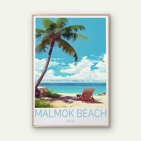 Malmok Beach Aruba, Palms & Blue Sky Art Travel Poster Print Wall Art