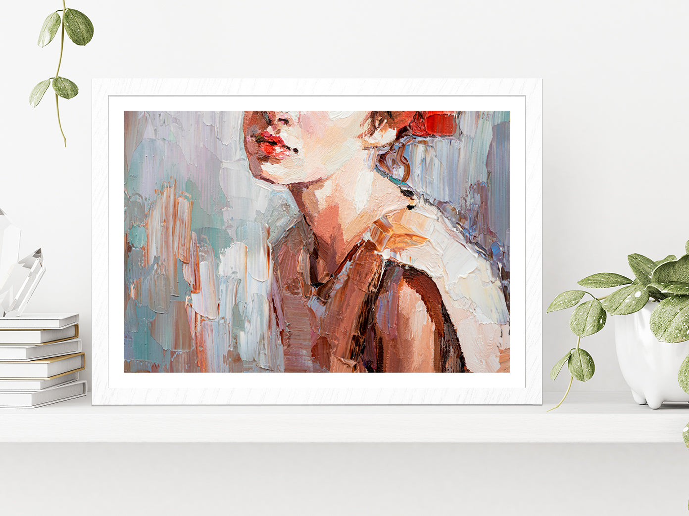 Girl With Red Lips Oil Painting Glass Framed Wall Art, Ready to Hang Quality Print With White Border White