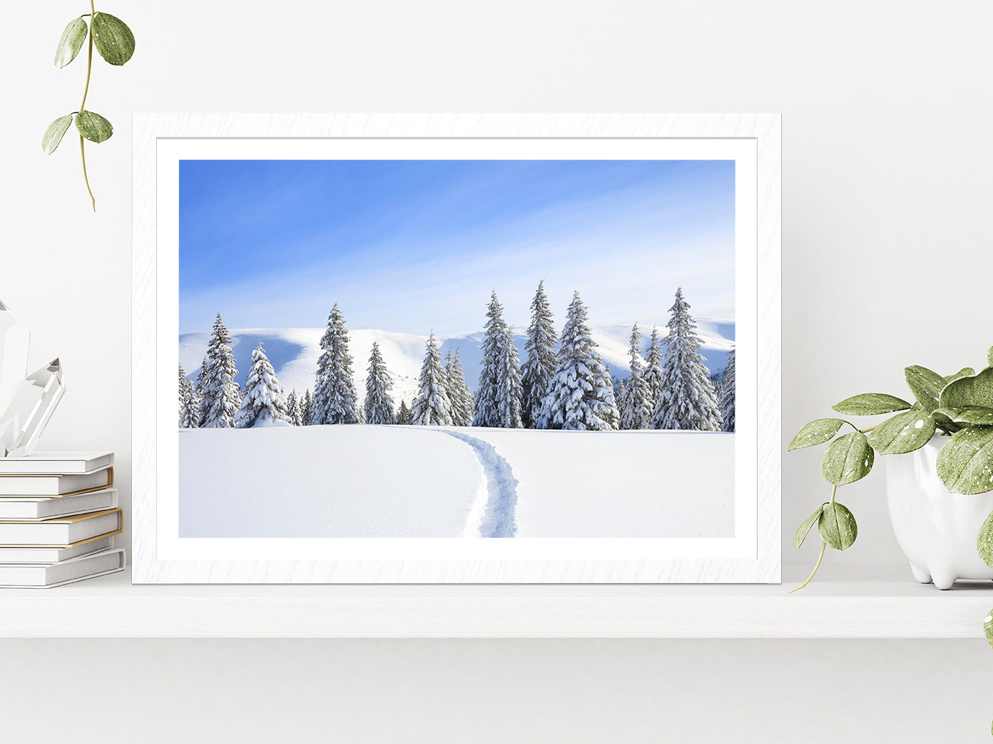 Mountain With Snow Peaks & Forest Glass Framed Wall Art, Ready to Hang Quality Print With White Border White