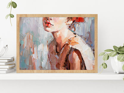 Girl With Red Lips Oil Painting Glass Framed Wall Art, Ready to Hang Quality Print Without White Border Oak