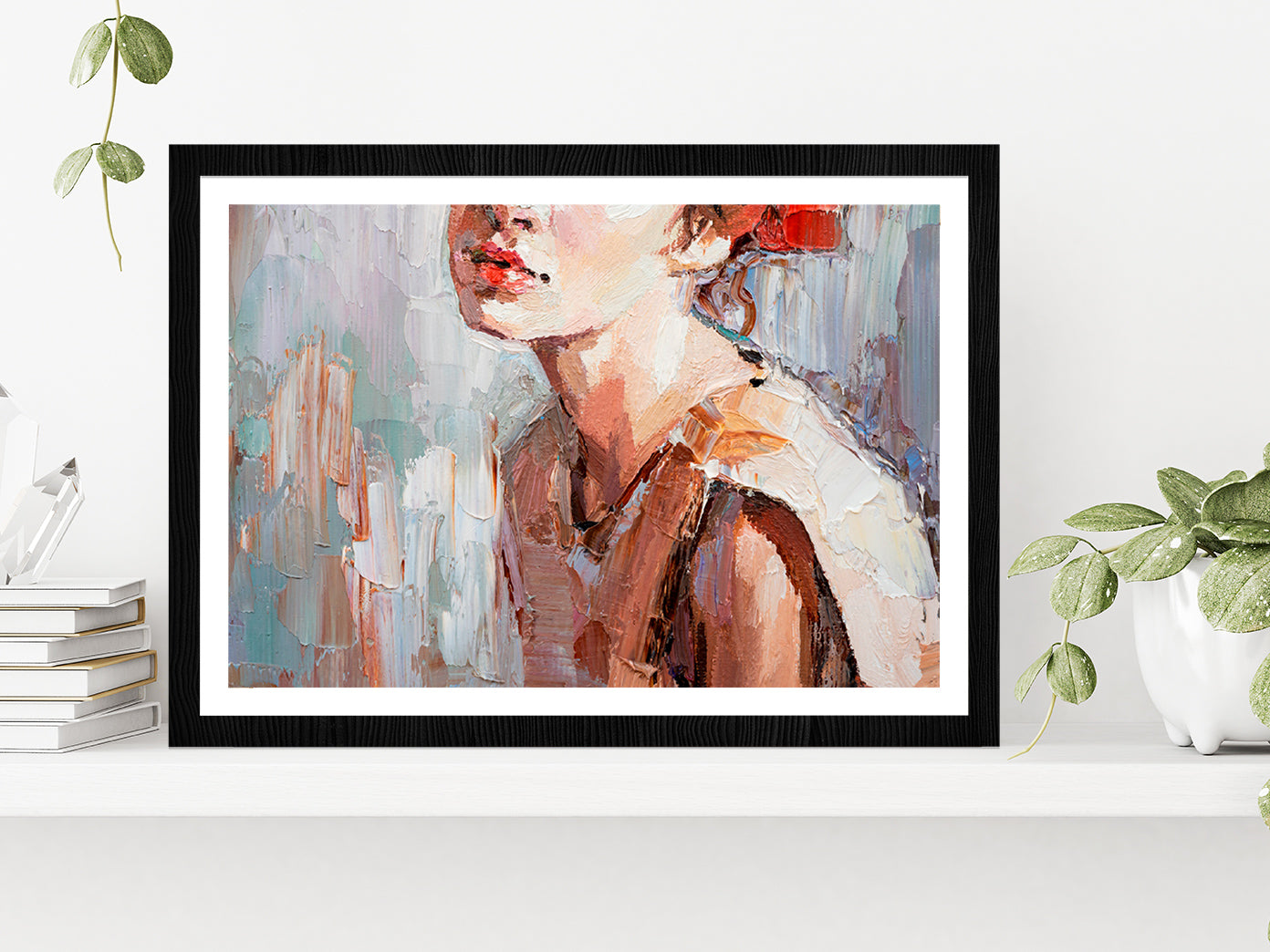 Girl With Red Lips Oil Painting Glass Framed Wall Art, Ready to Hang Quality Print With White Border Black