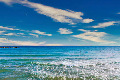 Sea Waves At Beach & Blue Sky Glass Framed Wall Art, Ready to Hang Quality Print