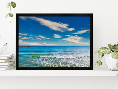 Sea Waves At Beach & Blue Sky Glass Framed Wall Art, Ready to Hang Quality Print Without White Border Black