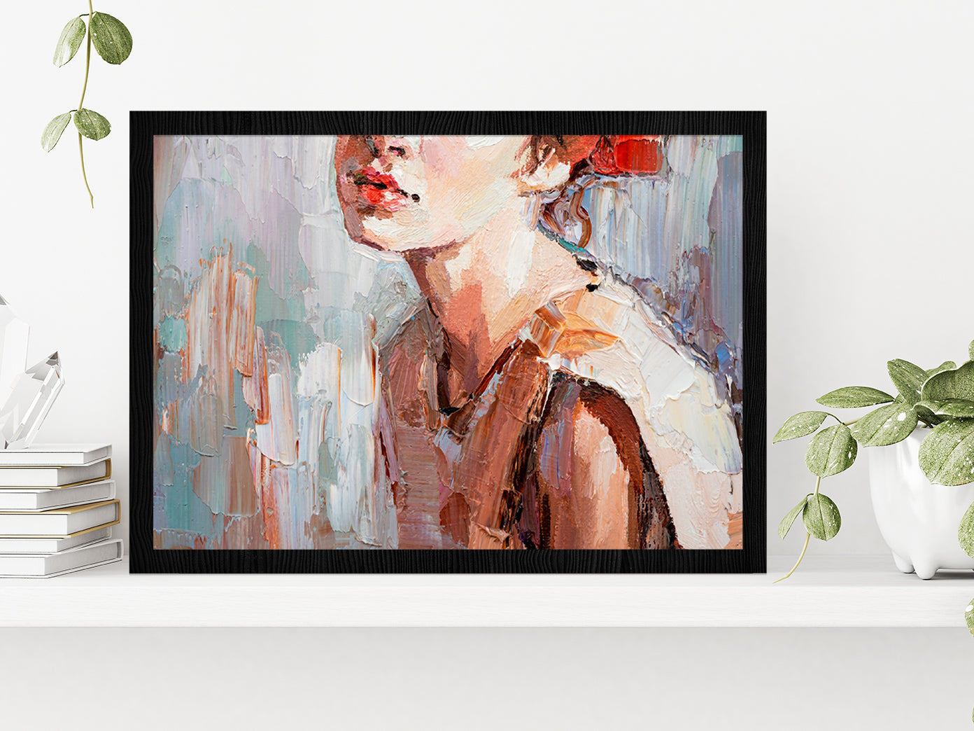 Girl With Red Lips Oil Painting Glass Framed Wall Art, Ready to Hang Quality Print Without White Border Black