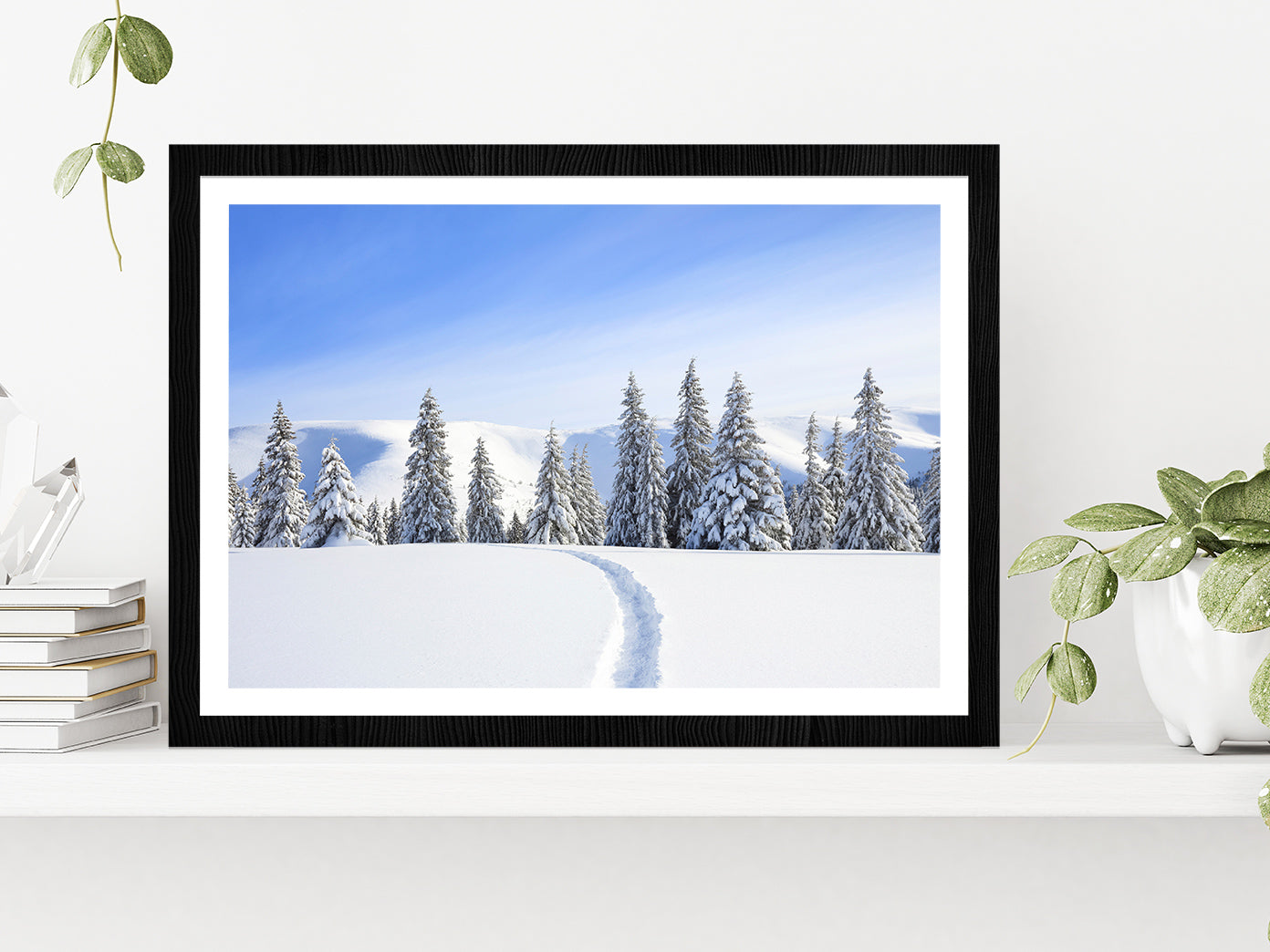 Mountain With Snow Peaks & Forest Glass Framed Wall Art, Ready to Hang Quality Print With White Border Black