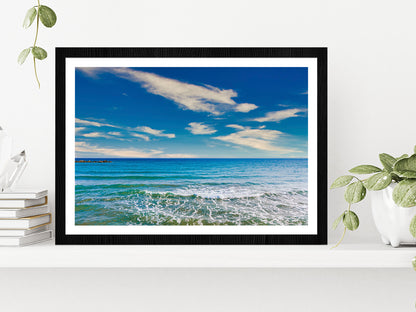 Sea Waves At Beach & Blue Sky Glass Framed Wall Art, Ready to Hang Quality Print With White Border Black