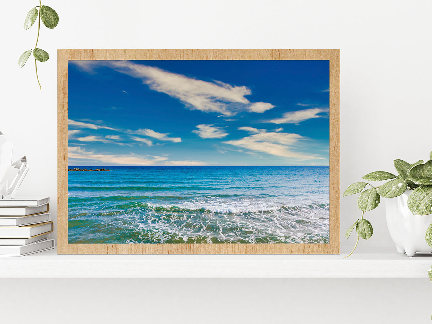 Sea Waves At Beach & Blue Sky Glass Framed Wall Art, Ready to Hang Quality Print Without White Border Oak