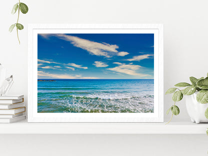 Sea Waves At Beach & Blue Sky Glass Framed Wall Art, Ready to Hang Quality Print With White Border White