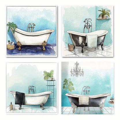 4pcs Plant House Bath Art Prints  Wall Art Canvas Framed