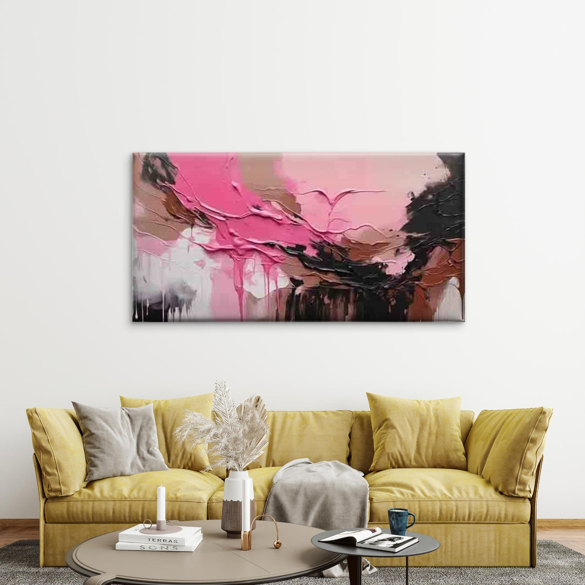 Modern Abstract Pink & Black Wall Art Canvas Office Home Room Framed 120x60cm