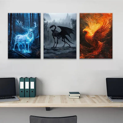 3pcs Vintage Style Deer Dragon Pheonix Bird Metal Print Ready to Hang Art