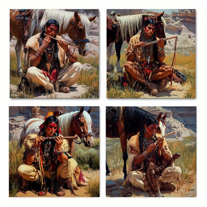 4pcs Featuring Traditional Attire & Horse Wall Art Canvas Framed