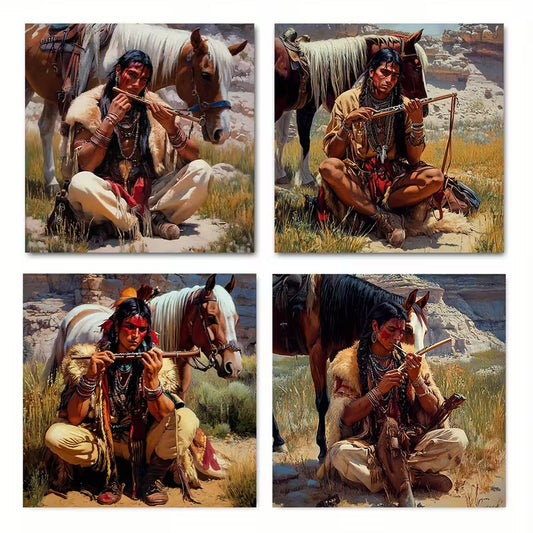 4pcs Featuring Traditional Attire & Horse Wall Art Canvas Framed