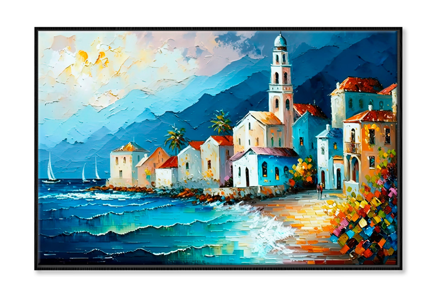 Coastal Line Village Oil Painting Wall Art Limited Edition High Quality Print Canvas Box Framed Black