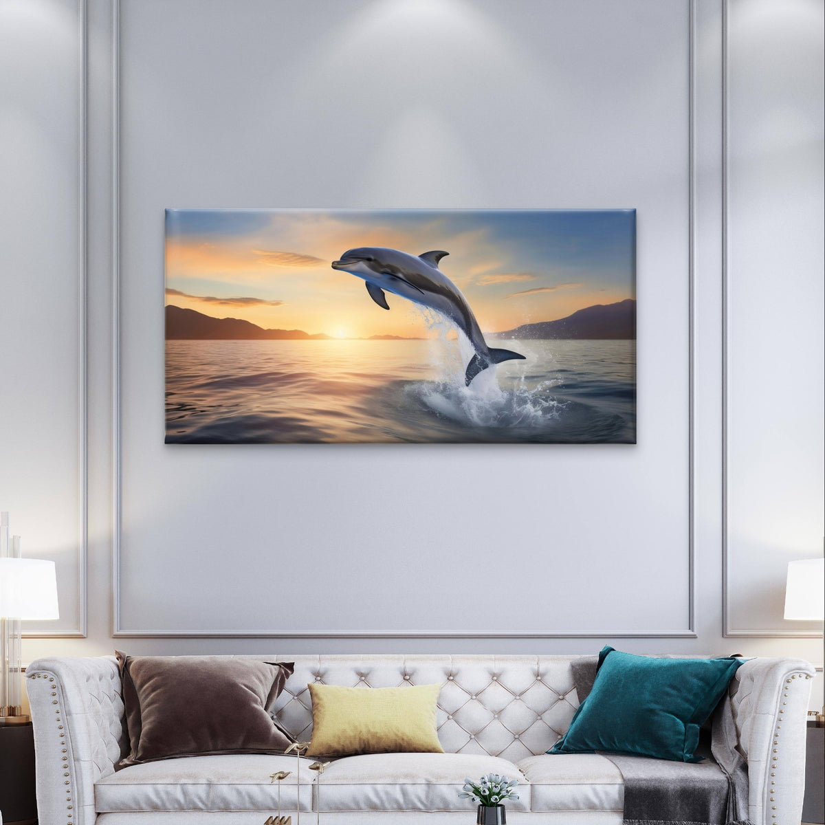Jumping Dolphin Ocean Waves Sunset Horizon Wildlife Wall Art Canvas Office Home Framed 120x60cm