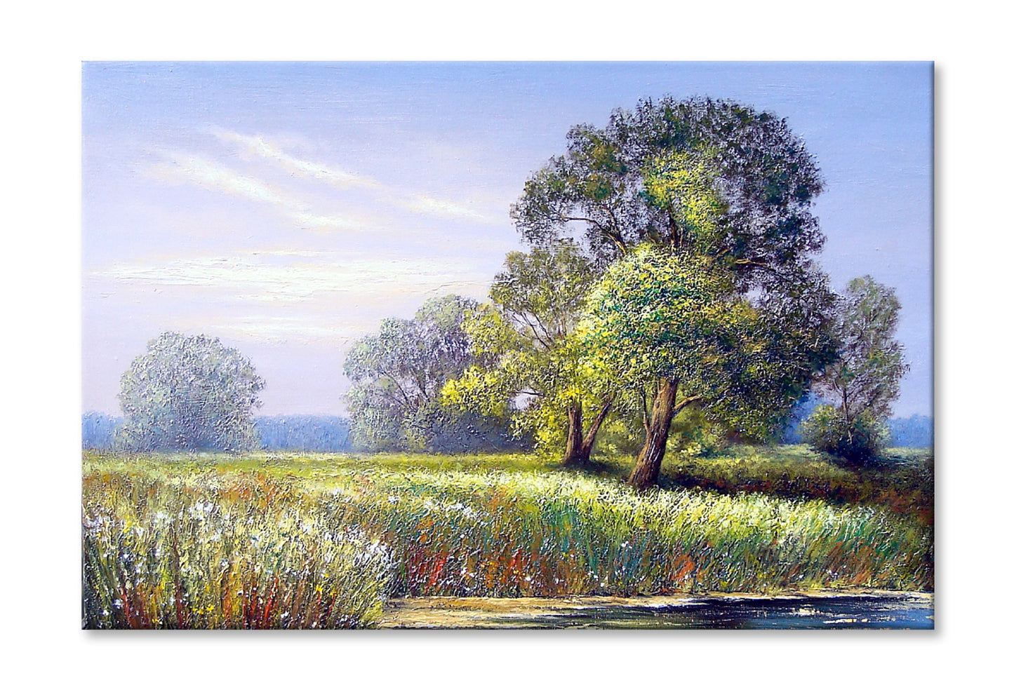 Green Grass Field & Trees Oil Painting Wall Art Limited Edition High Quality Print Stretched Canvas None