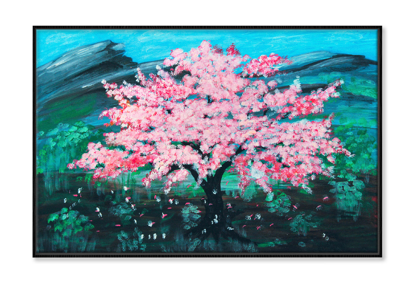 Pink Sakura Cherry Tree in Green Field Painting Wall Art Limited Edition High Quality Print Canvas Box Framed Black