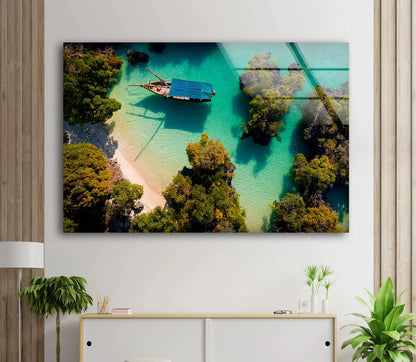 Boat on Sea with Forest UV Direct Aluminum Print Australian Made Quality