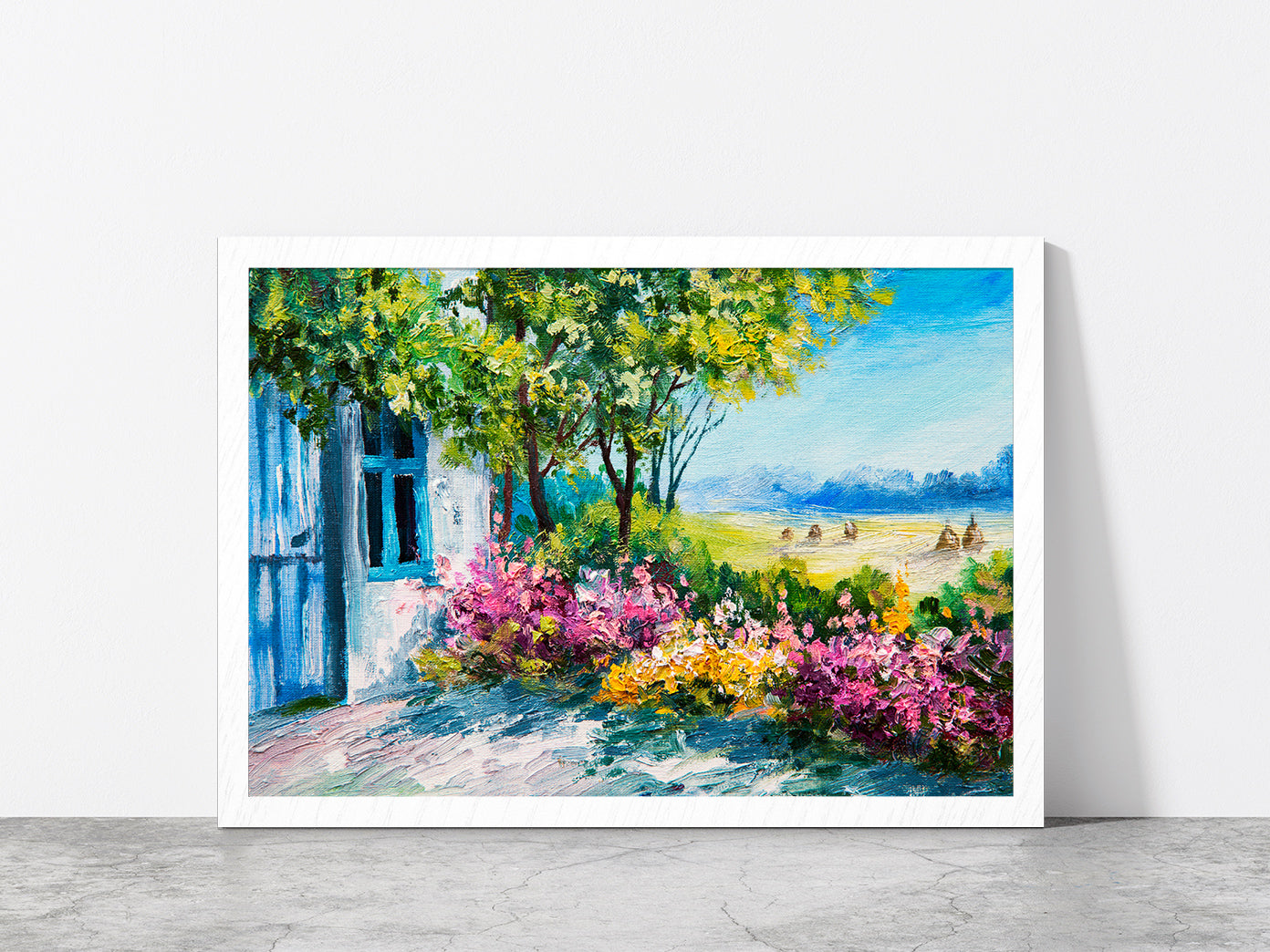 Garden Near The House & Colorful flowers Glass Framed Wall Art, Ready to Hang Quality Print Without White Border White