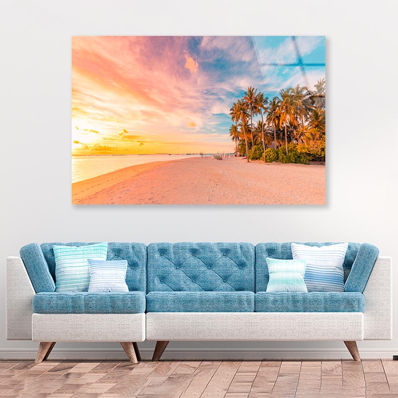 Island Palm Tree Sea Sand Beach  Acrylic Glass Print Tempered Glass Wall Art 100% Made in Australia Ready to Hang