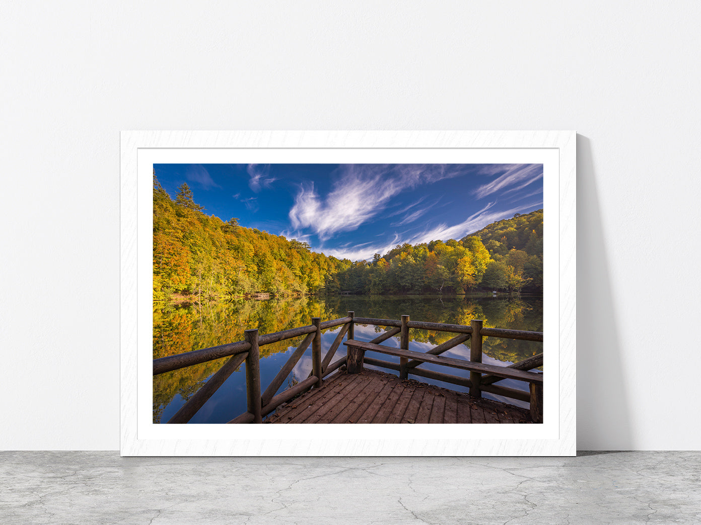 Reflection Of Clouds On The Lake Glass Framed Wall Art, Ready to Hang Quality Print With White Border White