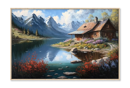 Old Cabin by Lake & Mountain Oil Painting Wall Art Limited Edition High Quality Print Canvas Box Framed Natural