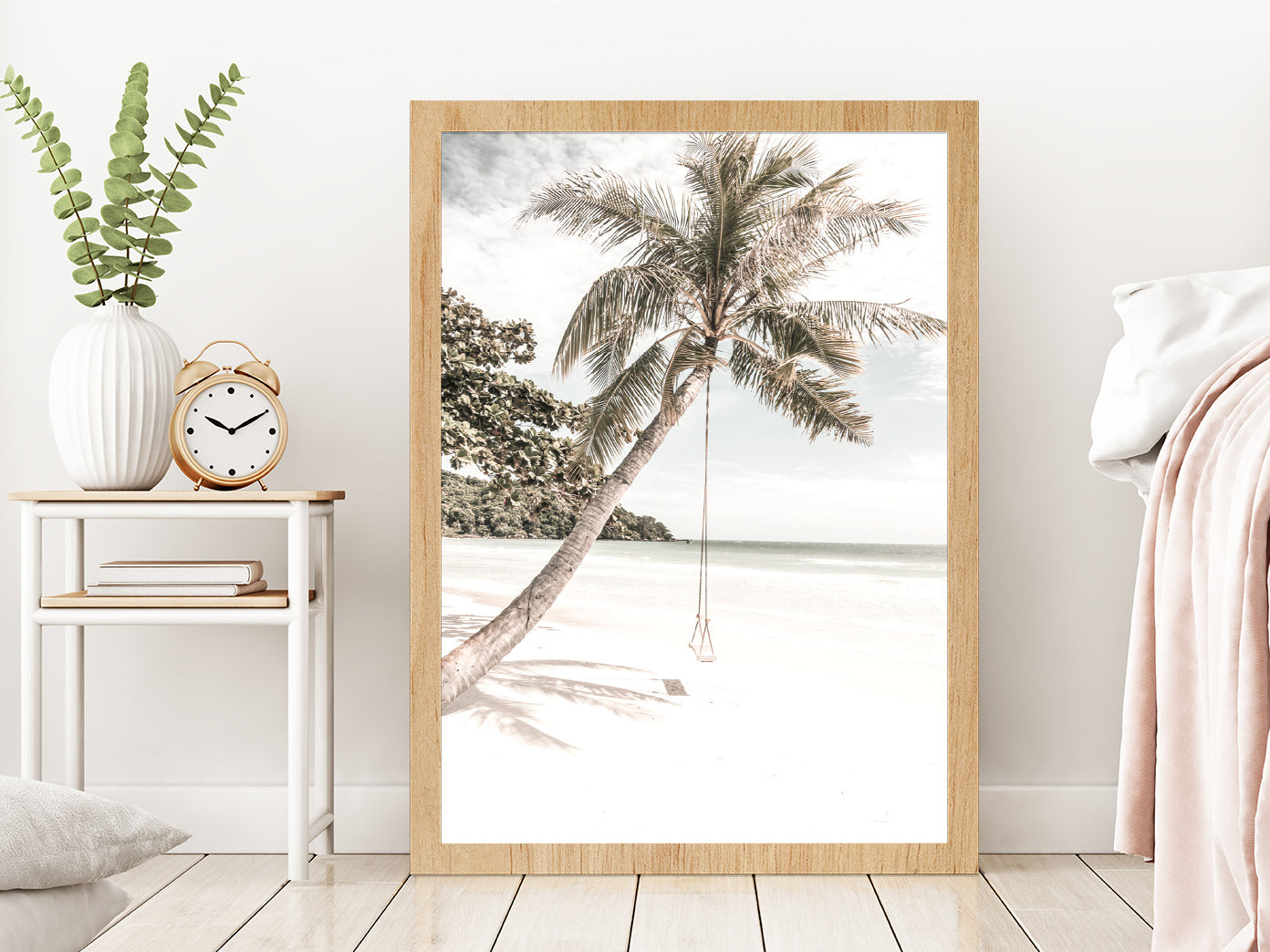 Beach Swing Palm Tree near Sand Beach View Glass Framed Wall Art, Ready to Hang Quality Print Without White Border Oak