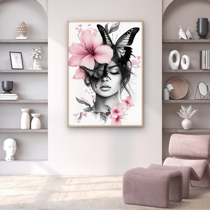 Elegant Woman with Butterfly & Pink Flowers Black and White Fashion Home Decor Premium Quality Poster Print Choose Your Sizes