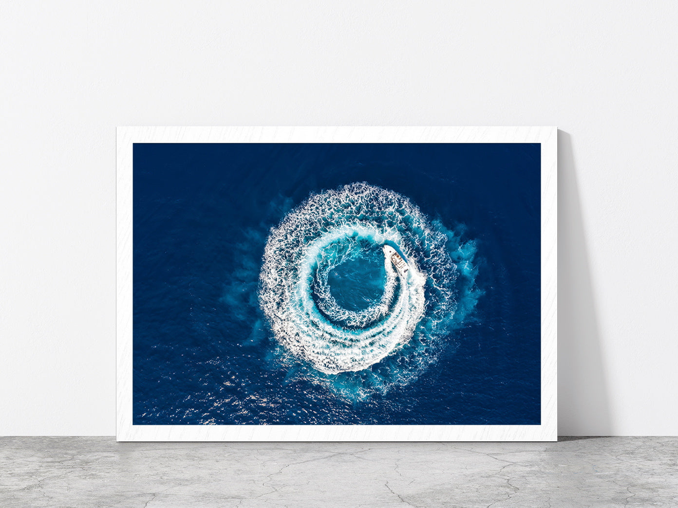 Motorboat Forms A Circle Of Waves Glass Framed Wall Art, Ready to Hang Quality Print Without White Border White