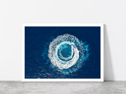 Motorboat Forms A Circle Of Waves Glass Framed Wall Art, Ready to Hang Quality Print Without White Border White