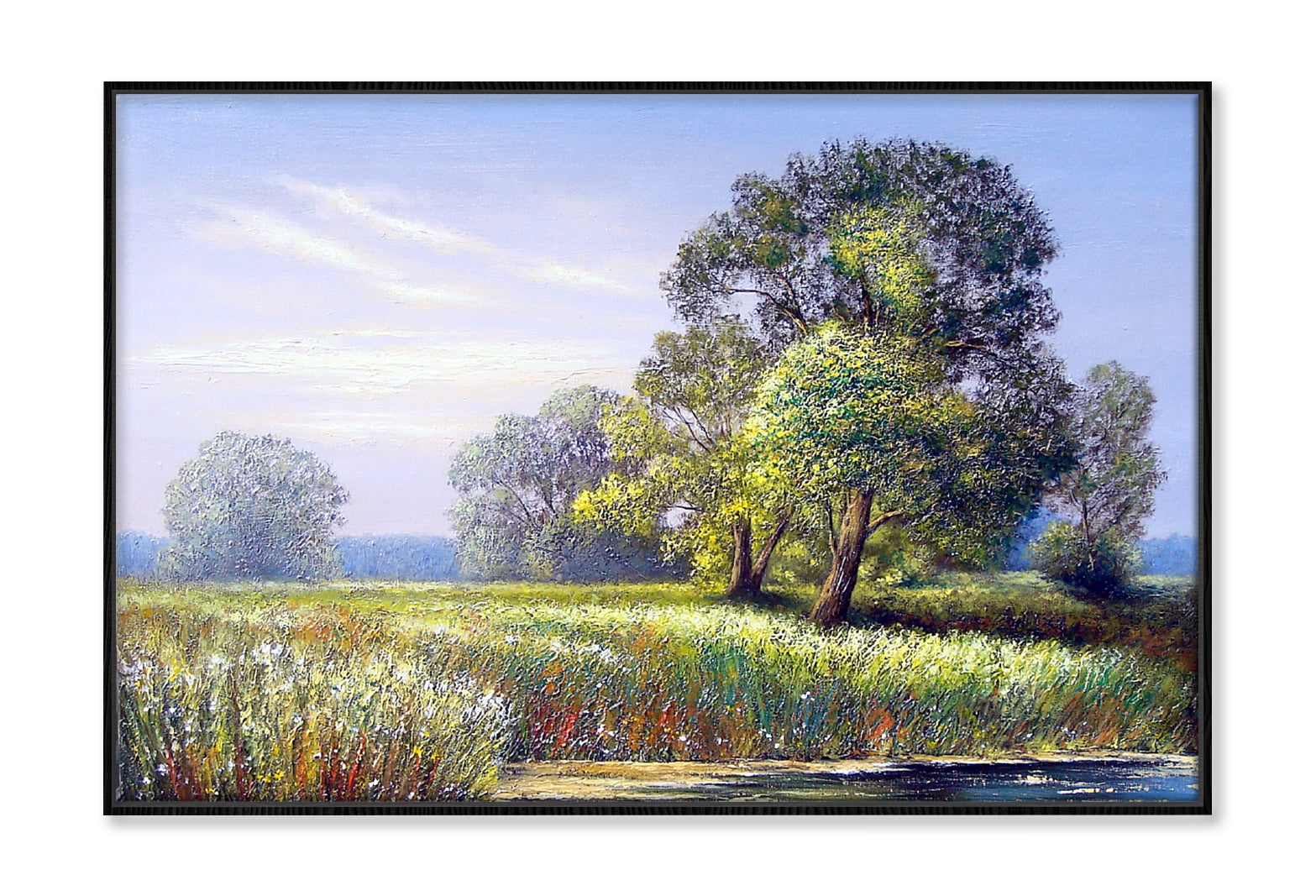 Green Grass Field & Trees Oil Painting Wall Art Limited Edition High Quality Print Canvas Box Framed Black