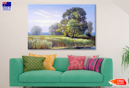 Green Grass Field & Trees Oil Painting Wall Art Limited Edition High Quality Print