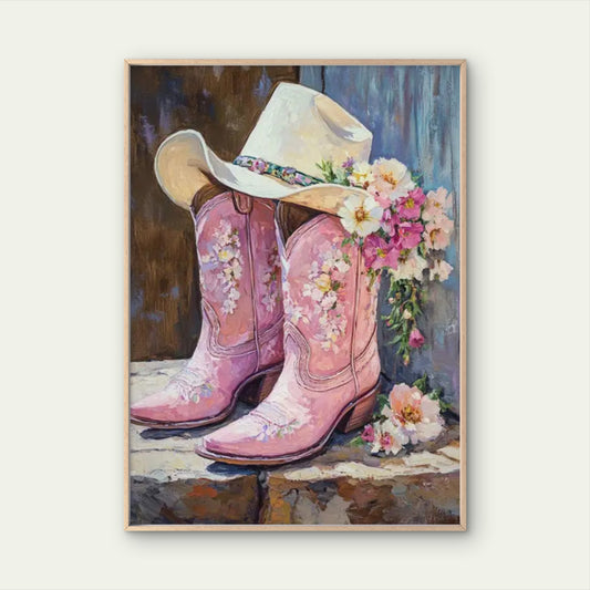 Pink Pastel Flowers Hat with Cowboy Boots Fashion Home Decor Premium Quality Poster Print Choose Your Sizes