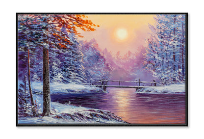 Winter Season River & Bridge Painting Limited Edition High Quality Print Canvas Box Framed Black