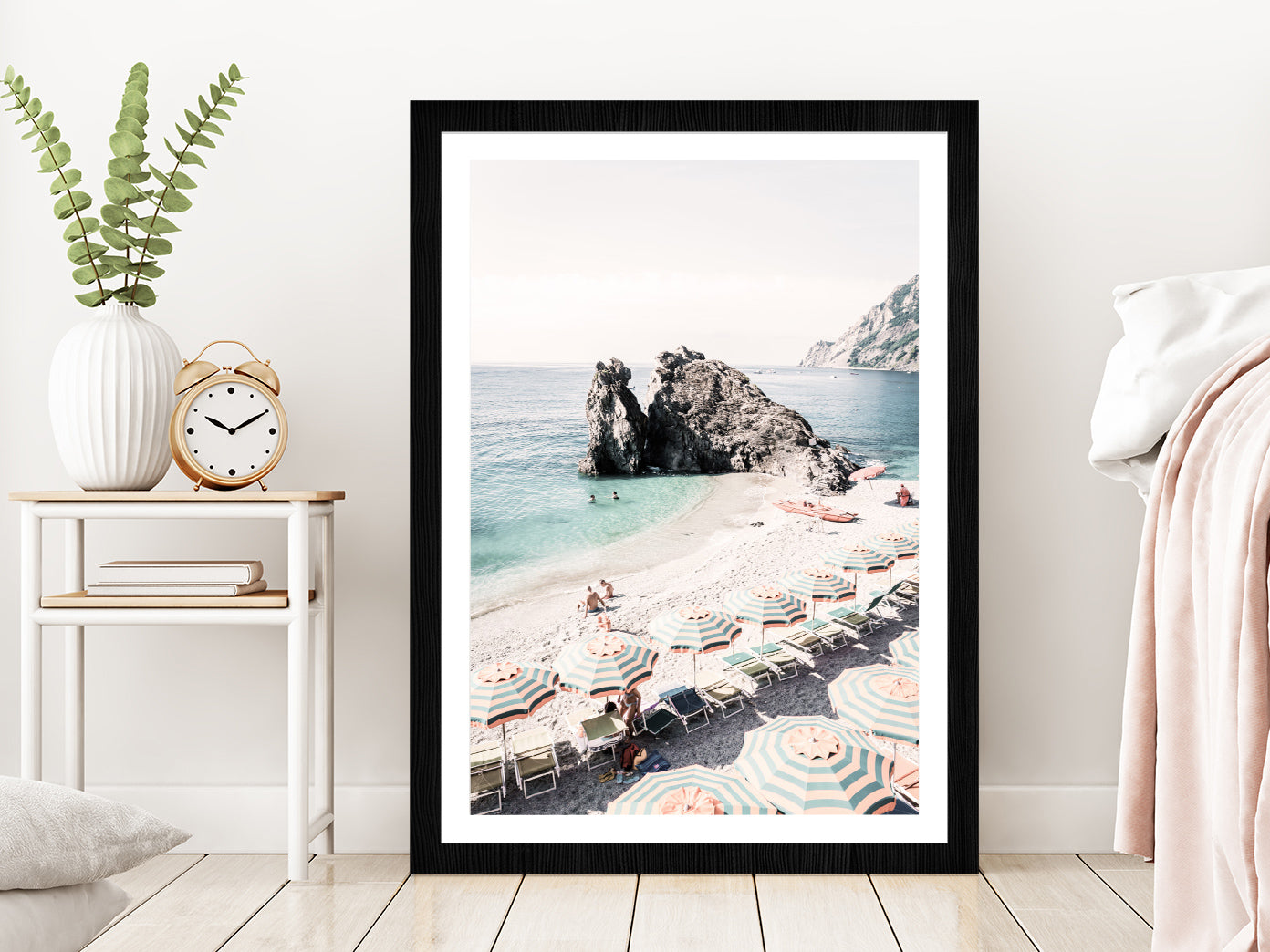 Beach Huts near Rocky Sea Faded Photograph Glass Framed Wall Art, Ready to Hang Quality Print With White Border Black