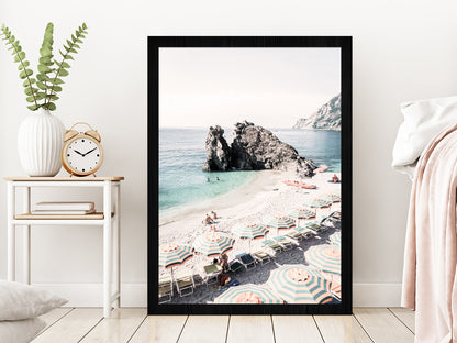 Beach Huts near Rocky Sea Faded Photograph Glass Framed Wall Art, Ready to Hang Quality Print Without White Border Black