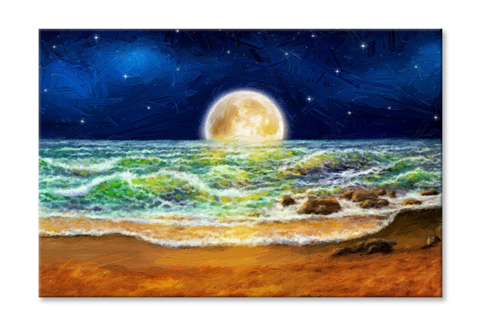 Sea Waves & Night Moon Sky Oil Painting Wall Art Limited Edition High Quality Print Stretched Canvas None